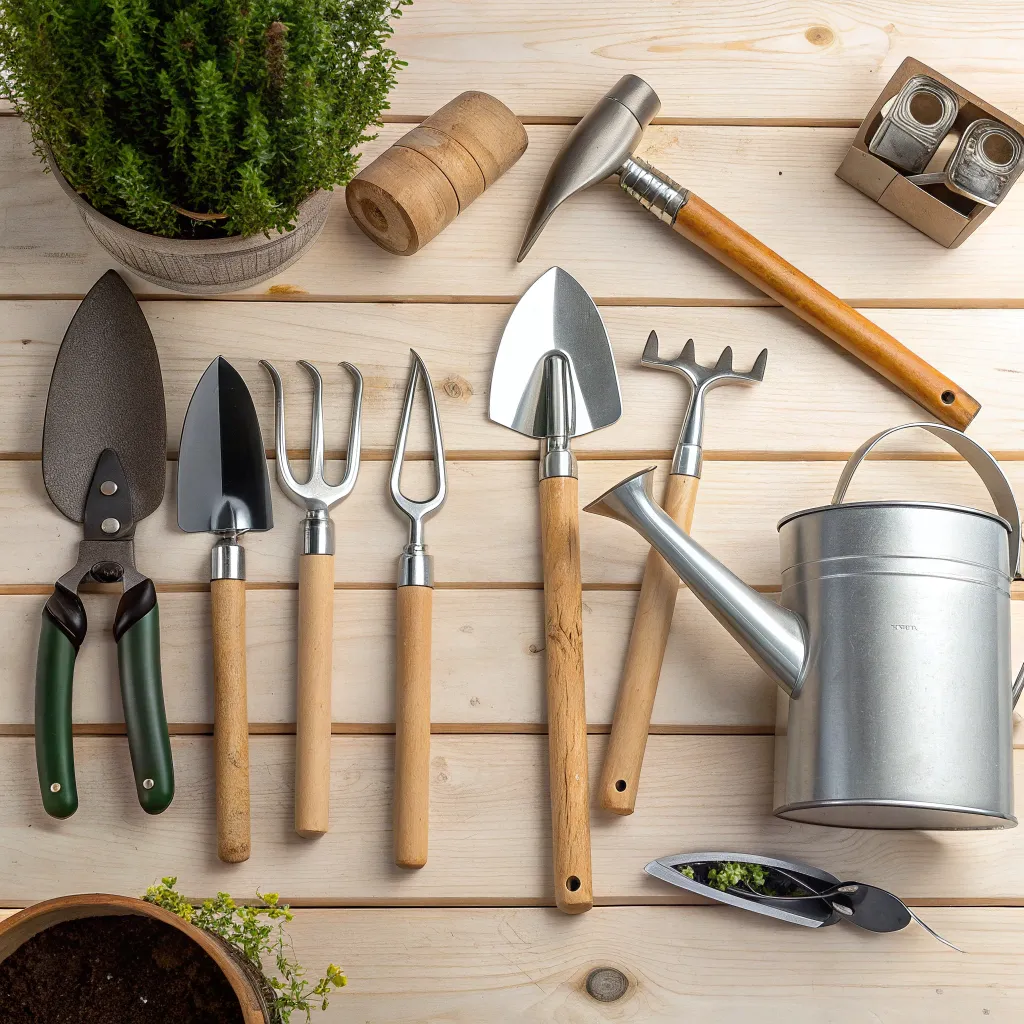 A variety of gardening tools neatly arranged